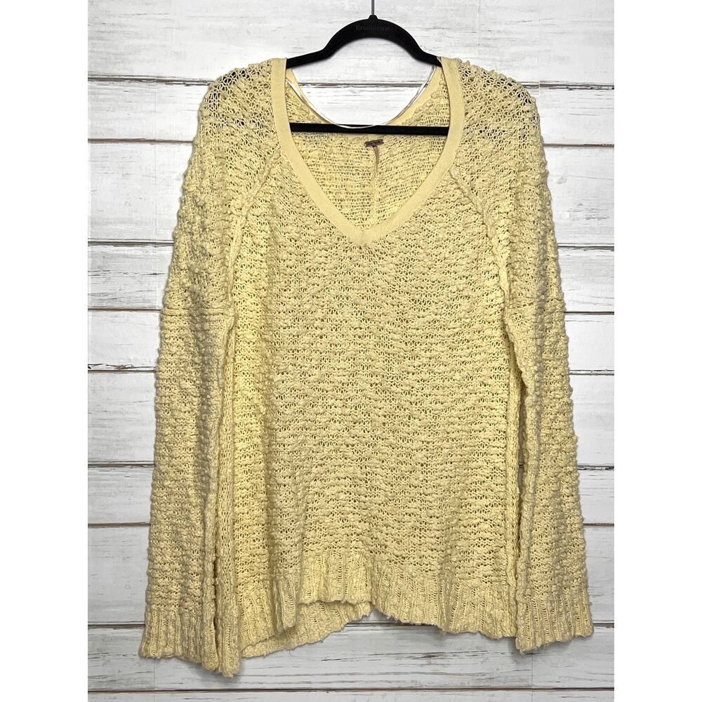 Free People Songbird Butter Yellow Knit Cotton V-Neck Sweater Small Boho - Picture 2 of 9